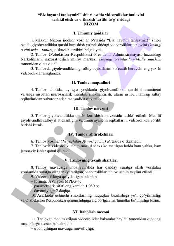 Giyohvandlikka qarshi kurashish videoroliklar tanlovi