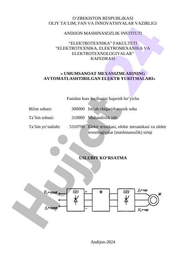 Automatlashgan elektr yuritmalariga kurs loyiha