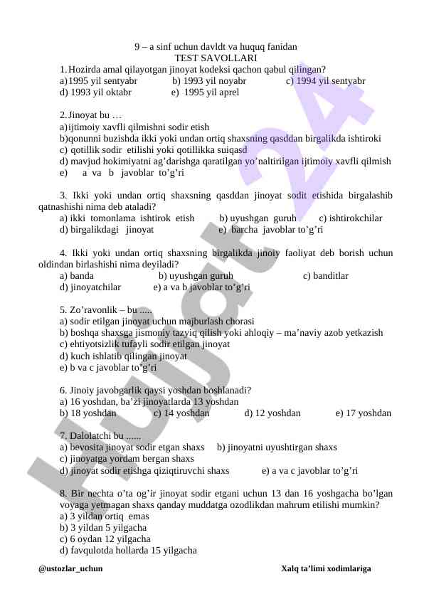 9-sinf uchun davlat va huquq fanidan test savollari
