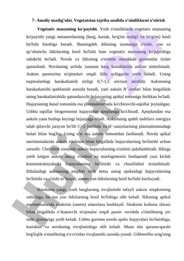 Vegetatsion tajriba usulida o'simliklarni o'stirish