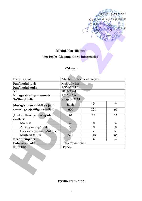 Algebra va sonlar nazariyasi fan sillabusi