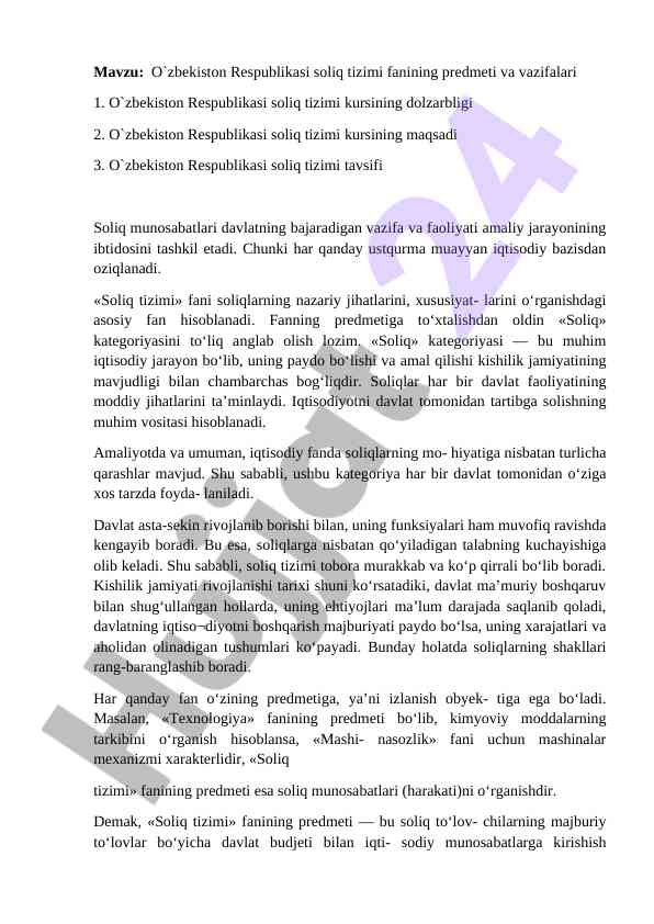O'zbekiston respublikasi soliq tizimi fanining tavsifi