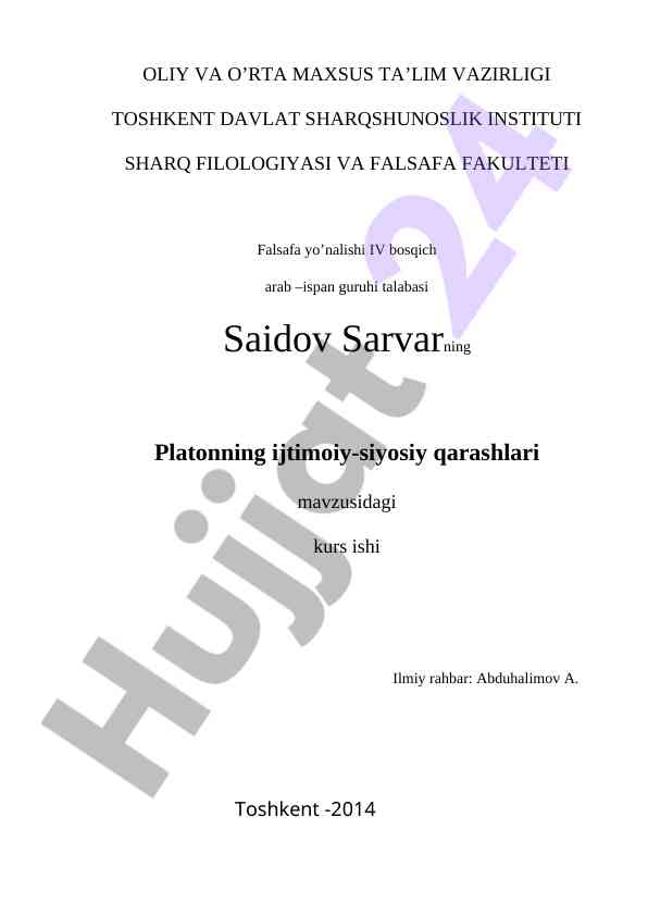 Platonning ijtimoiy-siyosiy qarashlari mavzusidagi kurs ish