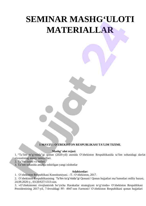 O‘zbekiston respublikasi taʼlim tizimi seminar mavzusi
