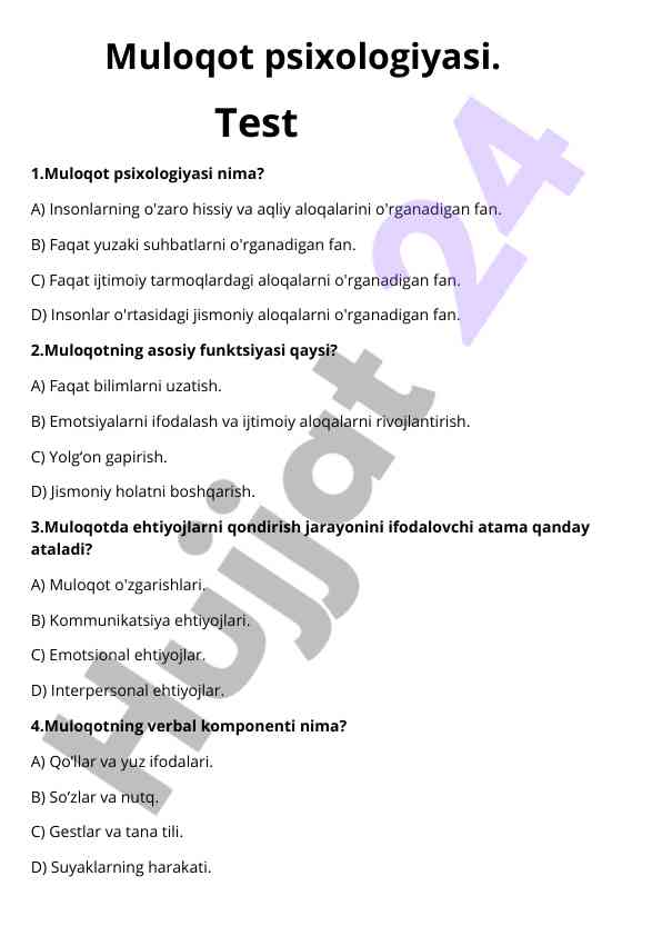 Muloqot psixologiyasi test savollari