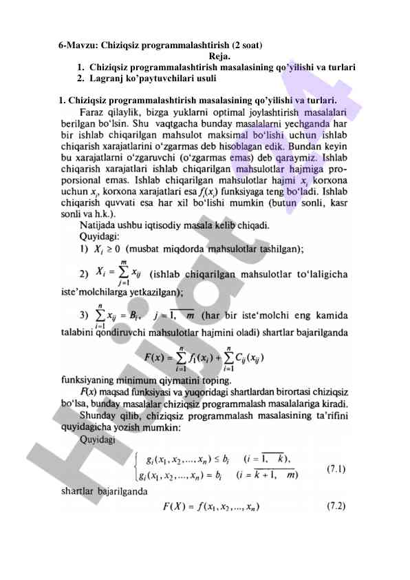 Chiziqsiz programmalashtirish mavzusi rejasi