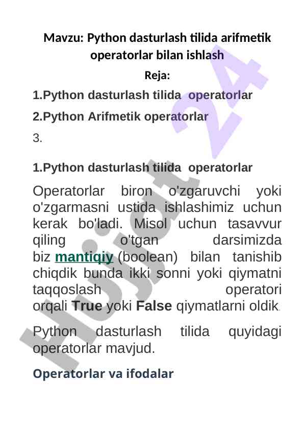 Python dasturlash tilida arifmetik operatorlar bilan ishlash