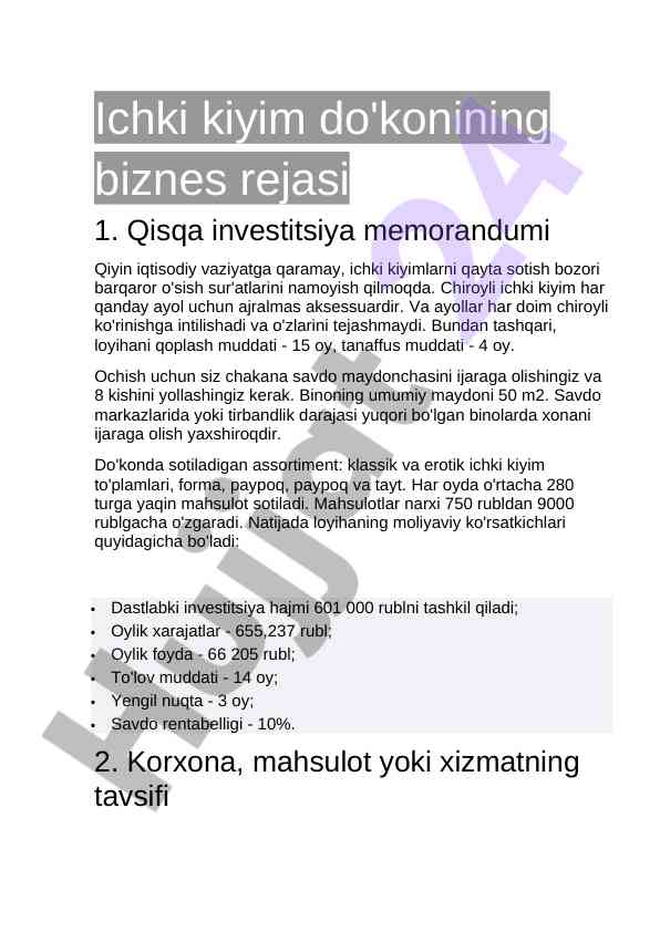 Ichki kiyim do'konining biznes rejasi