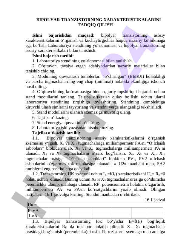 Bipolyar tranzistorning xarakteristikalarini tadjik qilish