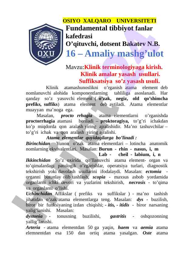 Klinik terminologiyaga kirish va klinik amalar