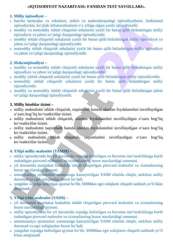 Iqtisodiyot nazariyasi fanidan test savollari