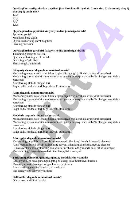 Kimyoviy va fizikaviy hodisalar testi