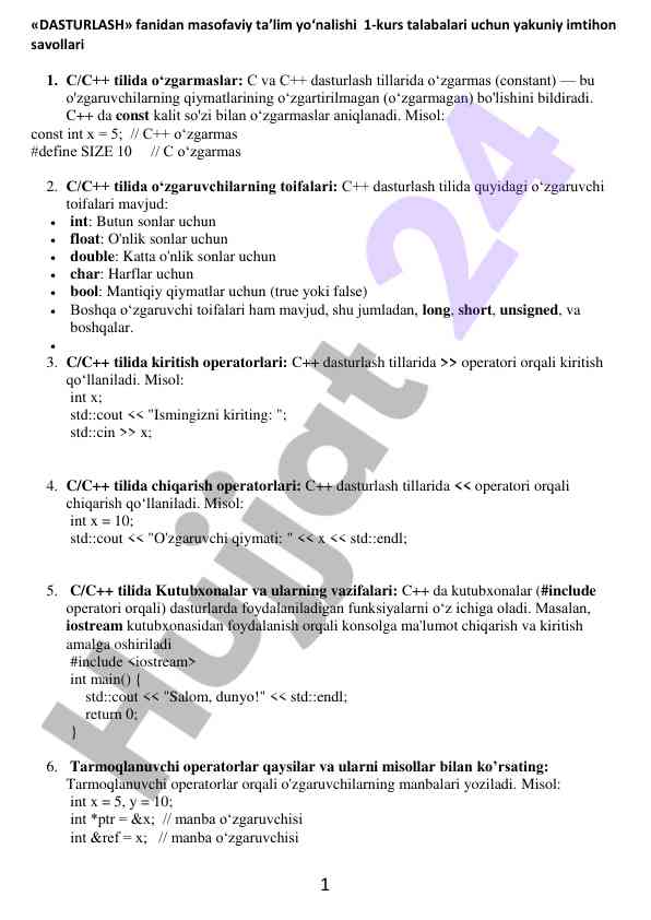C/c++ dasturlash tili bo‘yicha yakuniy imtihon savollari