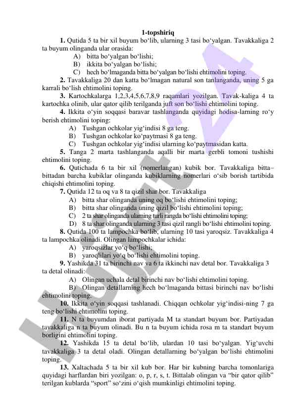 Ehtimollik masalalari uchun test savollari