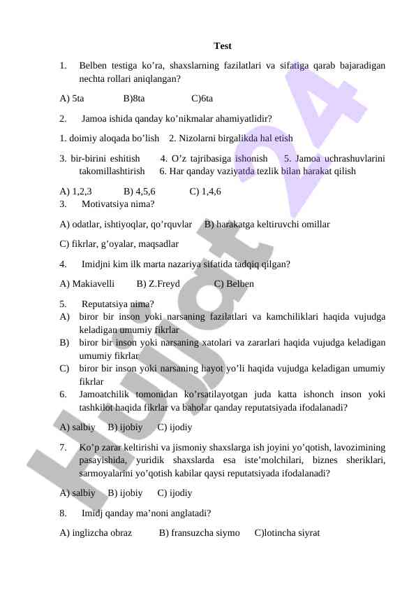 Test belben testiga ko’ra rollarning aniqlanishi