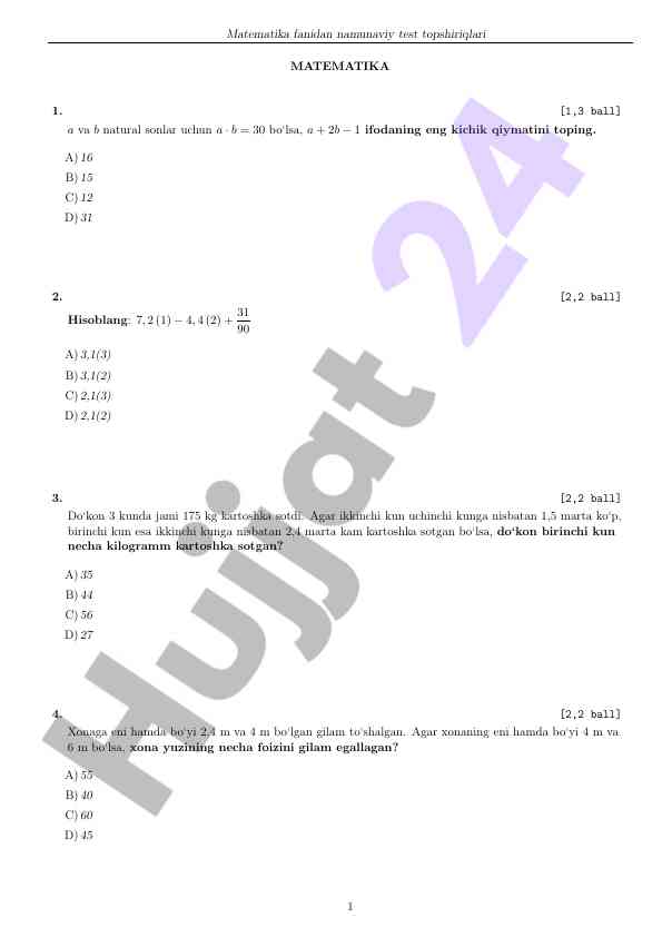 Matematika fanidan namunaviy test topshiriqlari