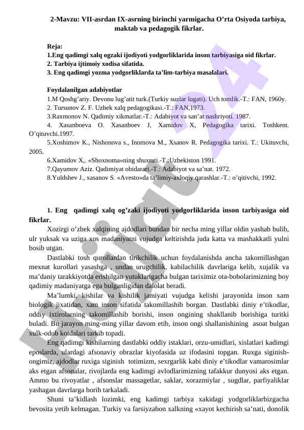 O‘rta osiyoda tarbiya va maktab fikrlari