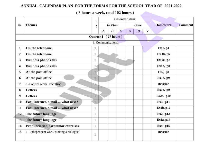 Annual calendar plan for form 9 school year 2021-2022