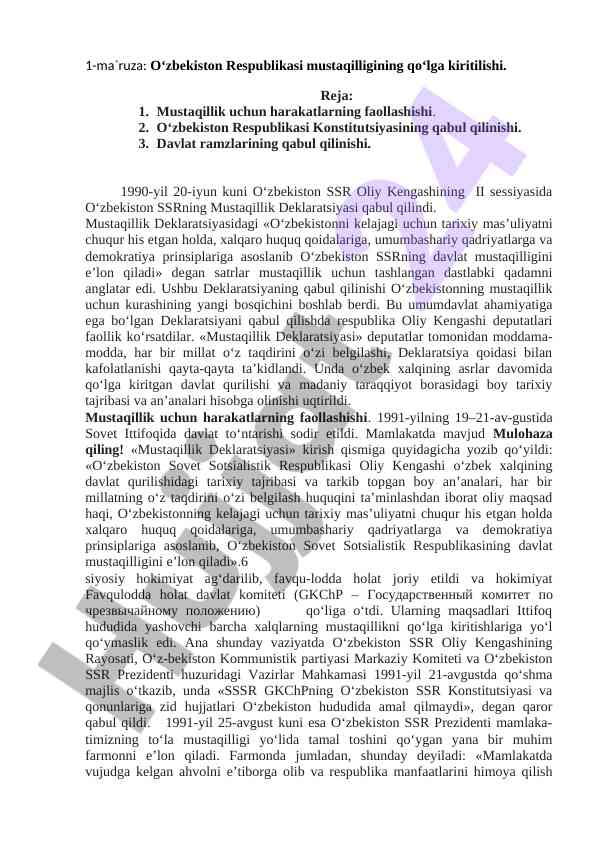 O‘zbekiston mustaqilligining tarixi va ahammiyati