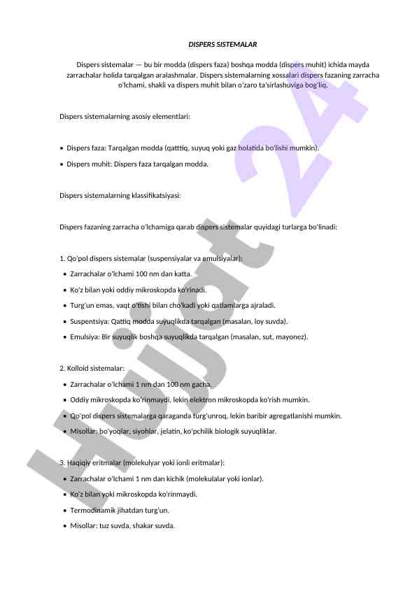 Dispers sistemalarning tasnifi va xossalari