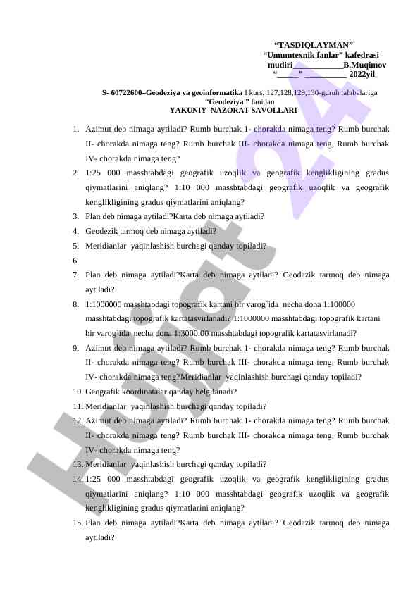Geodeziya fanidan yekun nazorat savollari