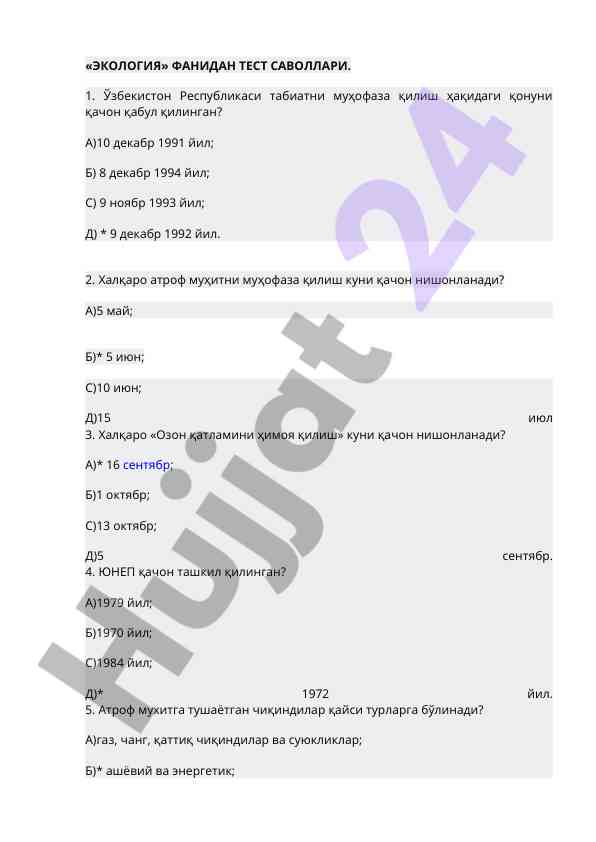 Ekologiya fanidan test savollari