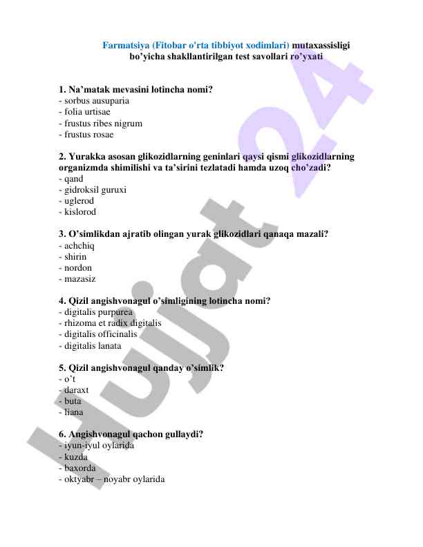 Farmatsiya mutaxassislari uchun test savollari