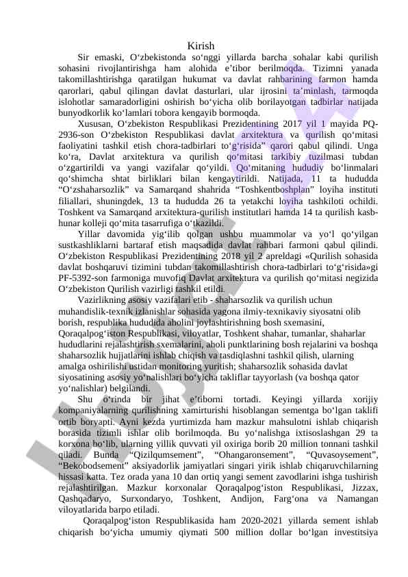 O‘zbekistonda qurilish sohasining rivojlanishi