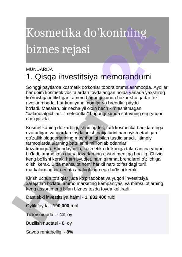 Kosmetika do'konining biznes rejasi va strategiyalari