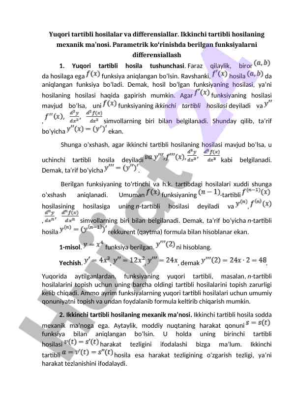 Yuqori tartibli hosilalar va differensiallar tahlili