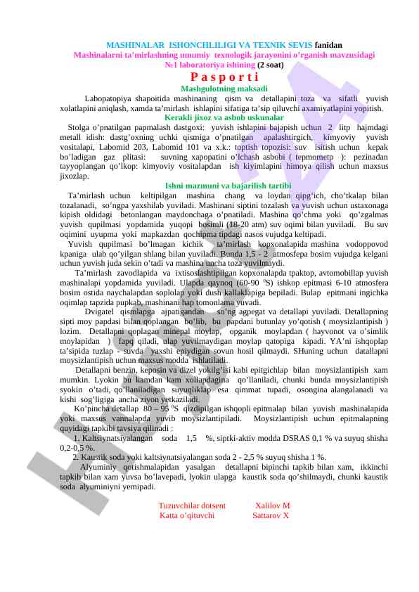 Mashinalarni ta'mirlash laboratoriya ishining pasporti