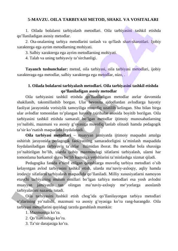 Oila Tarbiyasi Metodlari Va Shartlari