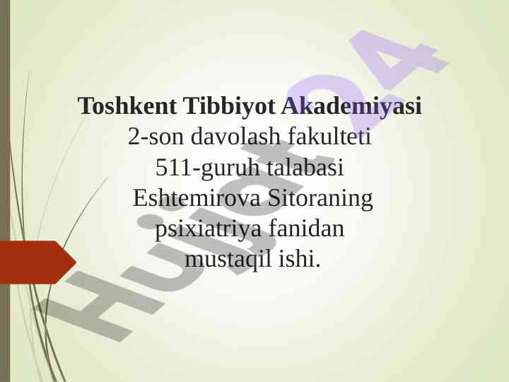 Mustaqil ish psixiatriyada kimyoviy qaramlikka bag'ishlangan