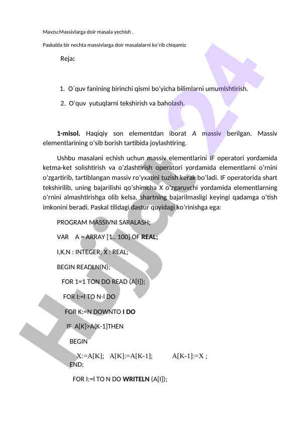 Massivlarni saralash paskalda amaliy masalalar
