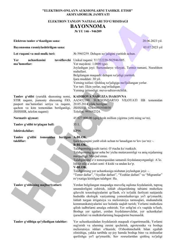 Elektron onlayn auksion o&apos;tkazish hujjatlari