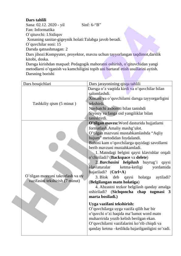 Informatika dars tahlili 6-b sinfda