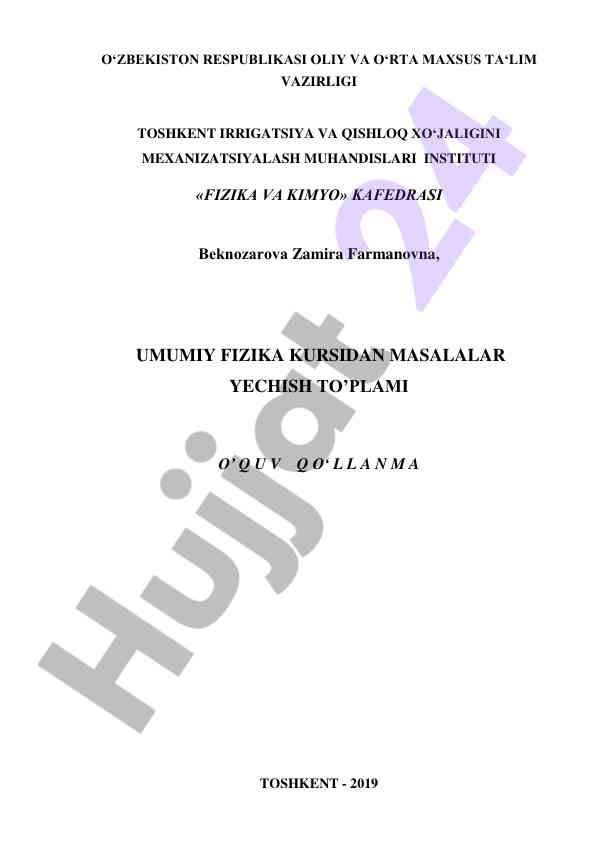 Umumiy fizika kursidan masalalar yechish to‘plami