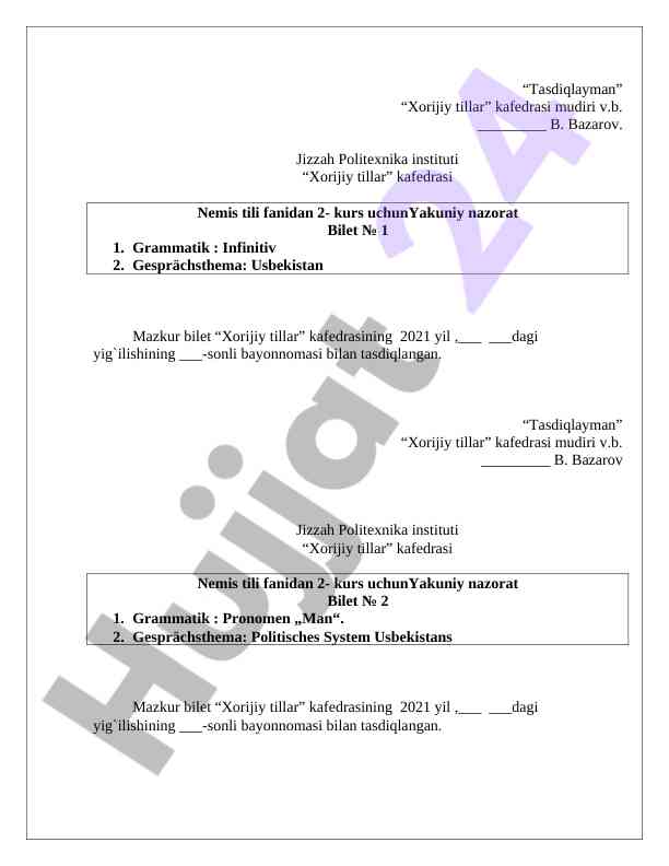 Nemis tili fanidan 2-kurs uchun yakuniy nazorat
