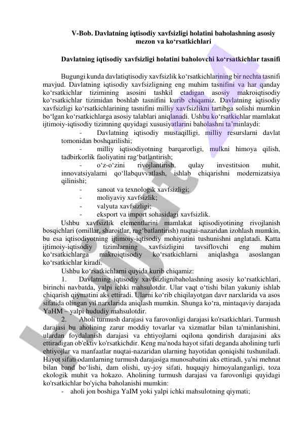 Davlat iqtisodiy xavfsizligi ko'rsatkichlari tahlili
