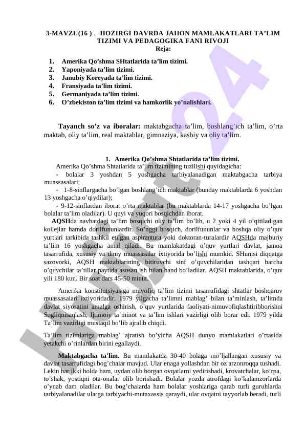 Hozirgi davrda ta'lim tizimlari va pedagogika