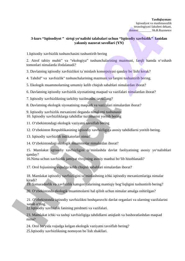 Iqtisodiy xavfsizlik fanidan yakuniy nazorat savollari
