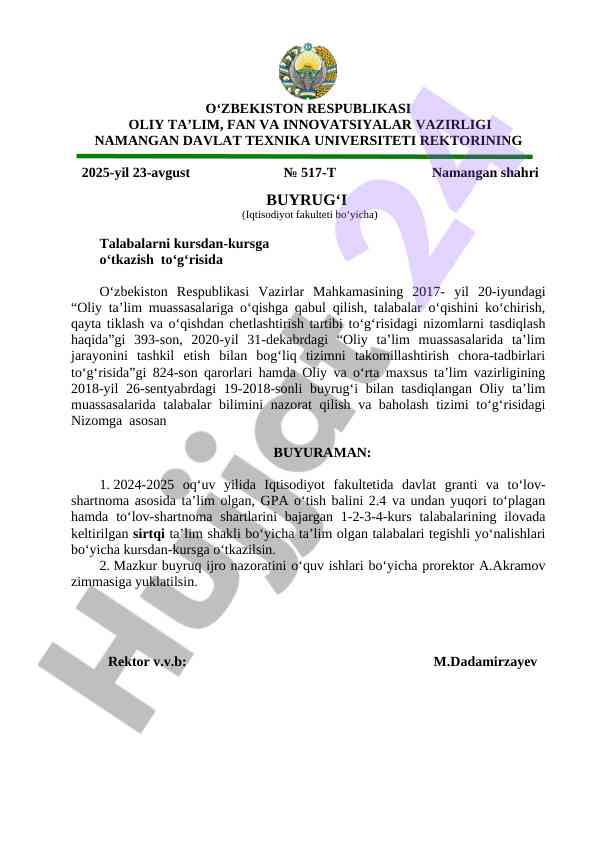 Oliy ta'limda talabalarni o'qishga qabul qilish tartibi