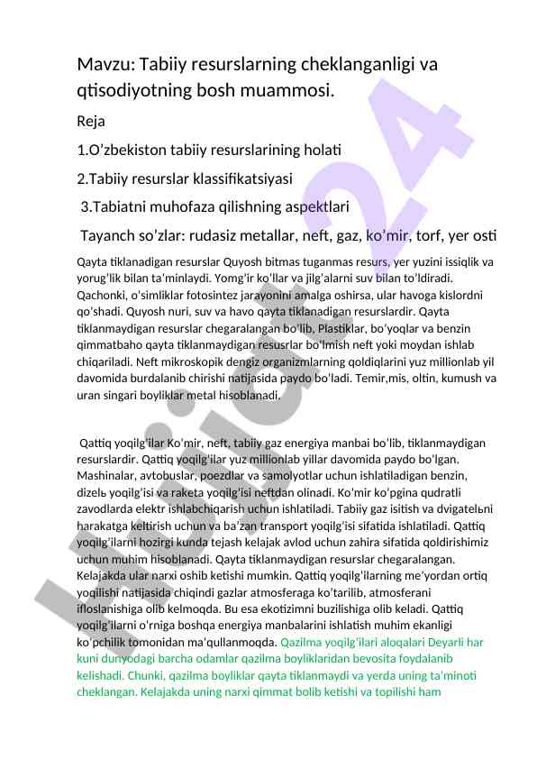 Tabiiy resurslarning cheklanganligi va iqtisodiyot muammolari