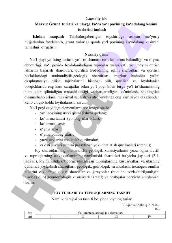 Grunt turlari va yo‘l poyining kesimi turlarini tanlash