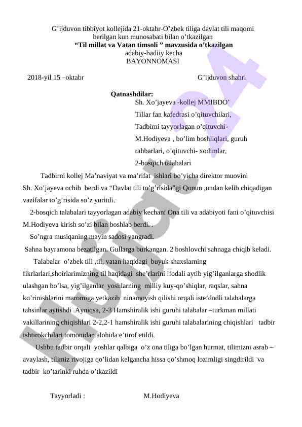 Til millat va vatan timsoli mavzusidagi adabiy kecha