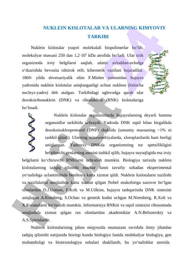 Nuklein kislotalar va ularning kimyoviy tarkibi