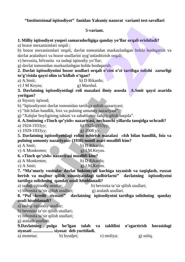 Institutsional iqtisodiyot fanidan yakuniy nazorat testlari