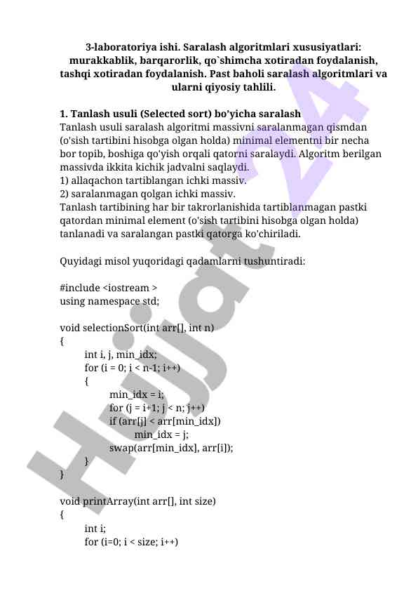 Saralash algoritmlari xususiyatlari va tahlili