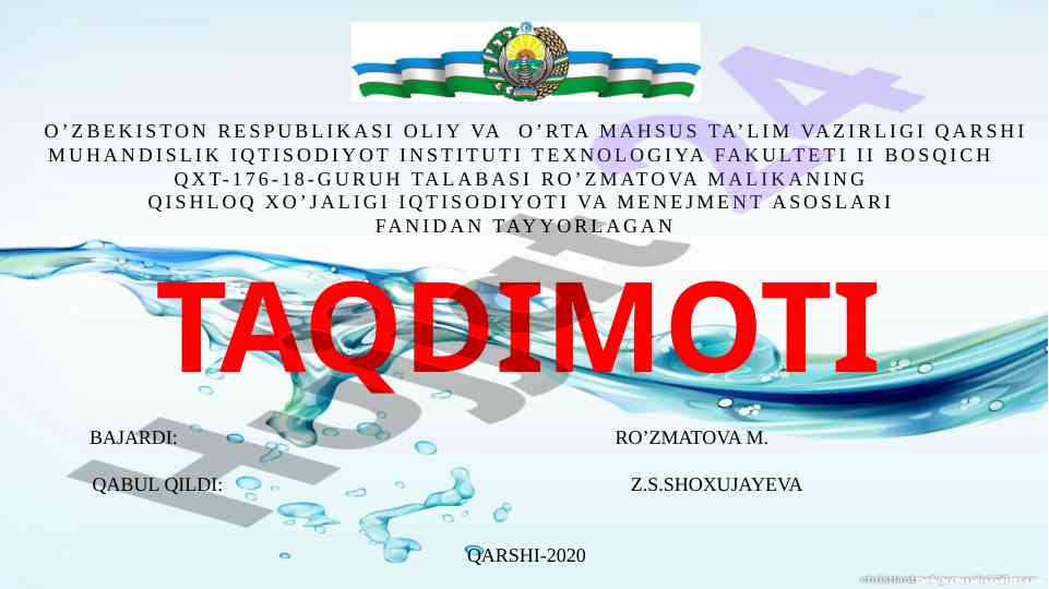 Suv resurslari va qishloq xo‘jaligida foydalanish rejasi
