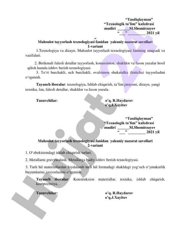 Mahsulot tayyorlash texnologiyasi yakuniy nazorat savollari